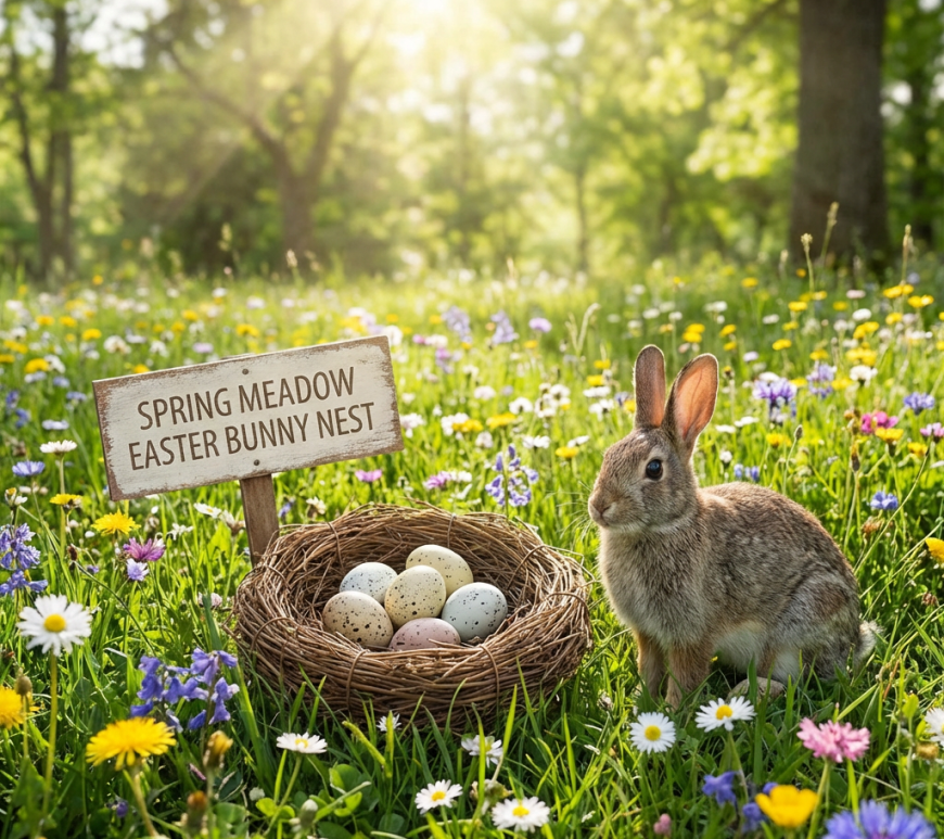 Rabbit near a nest of speckled eggs and sign reading "SPRING MEADOW EASTER BUNNY NEST".