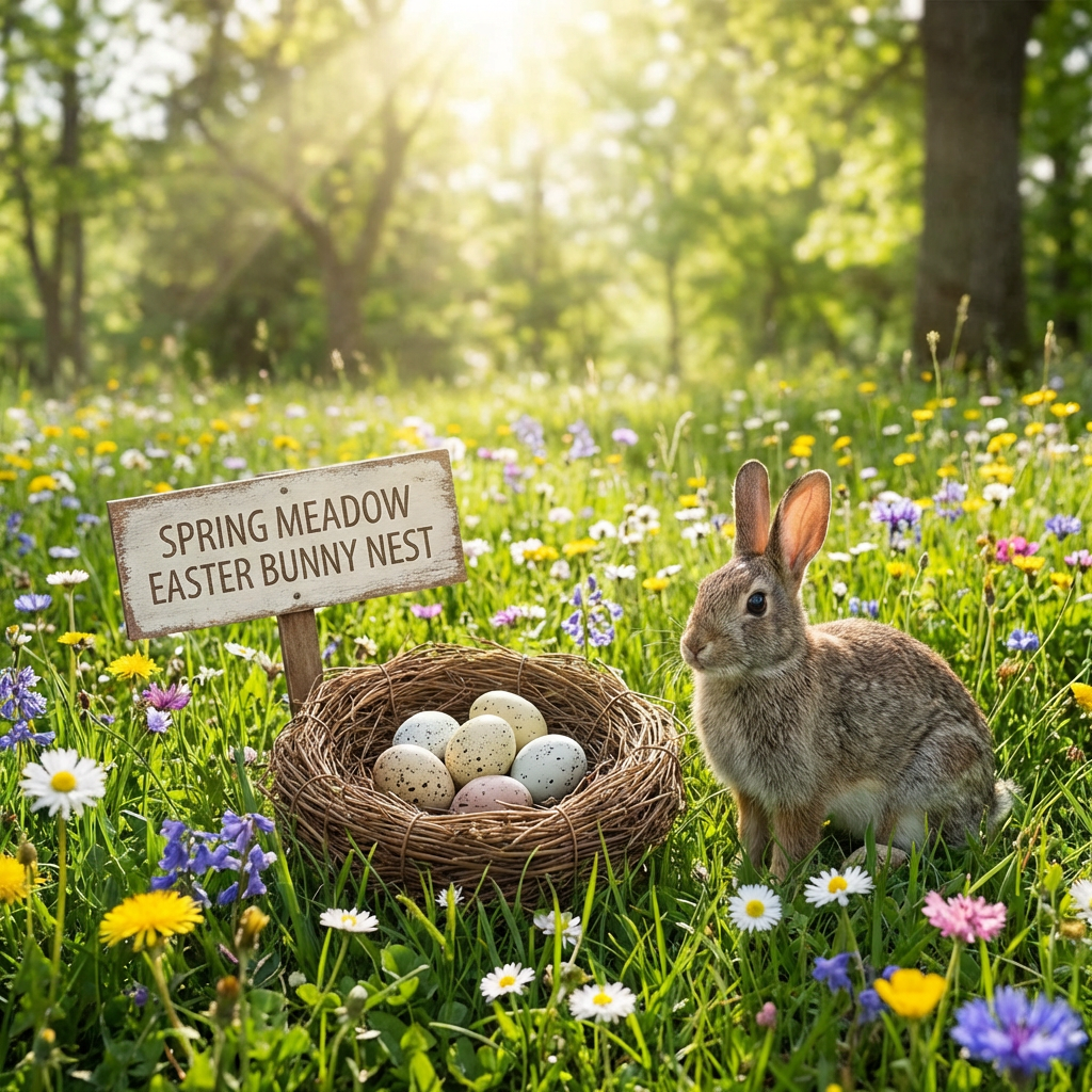Rabbit near a nest of speckled eggs and sign reading "SPRING MEADOW EASTER BUNNY NEST".